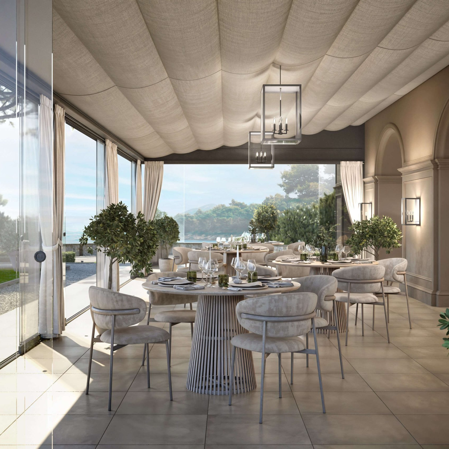 Unosider Timeless Pergola Elettra vista dall’interno, con vetrate scorrevoli, tende in tessuto e controsoffitto