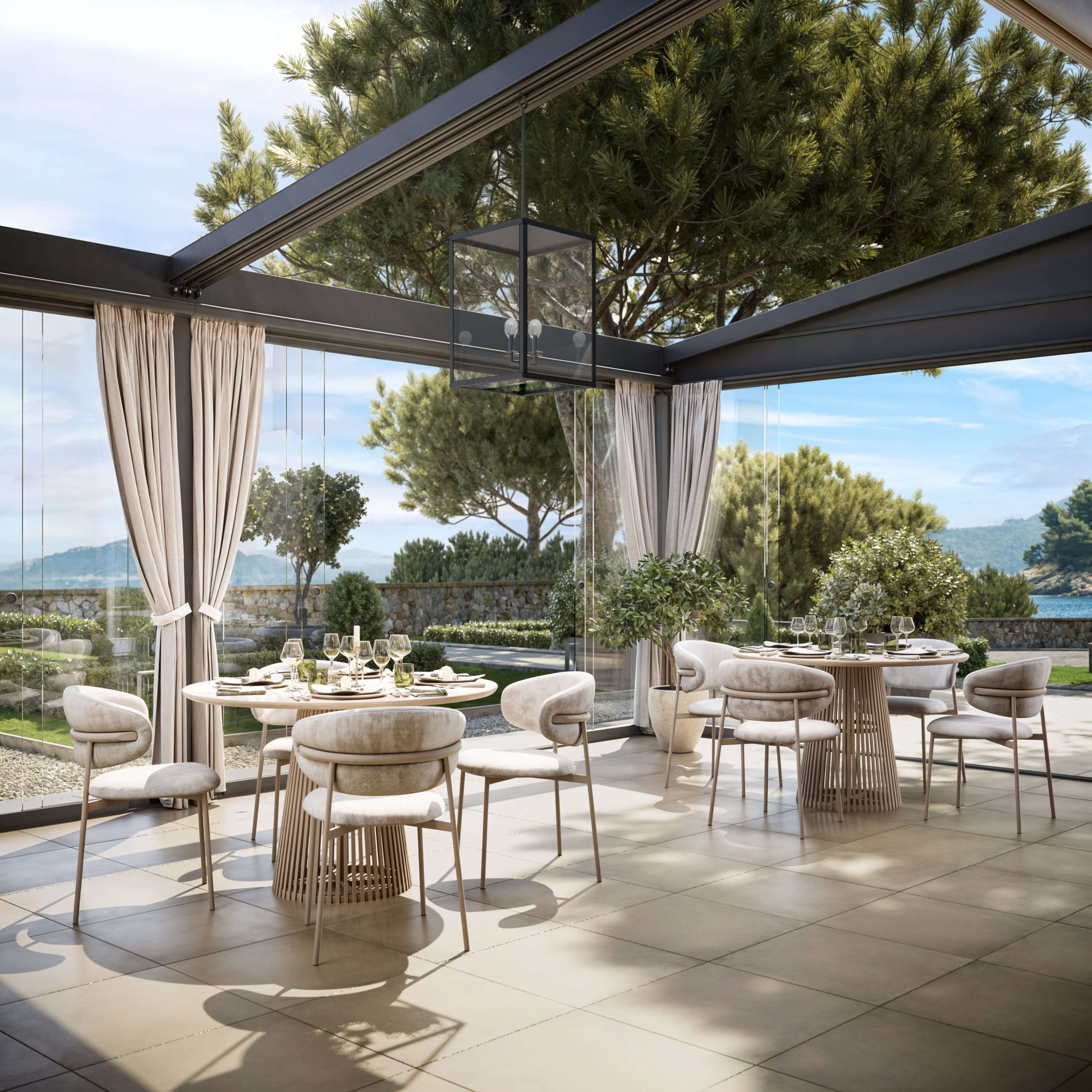 Unosider Timeless pergola Elettra /Interno pergola con lanterna sospesa, tende in tessuto e copertura retraibile